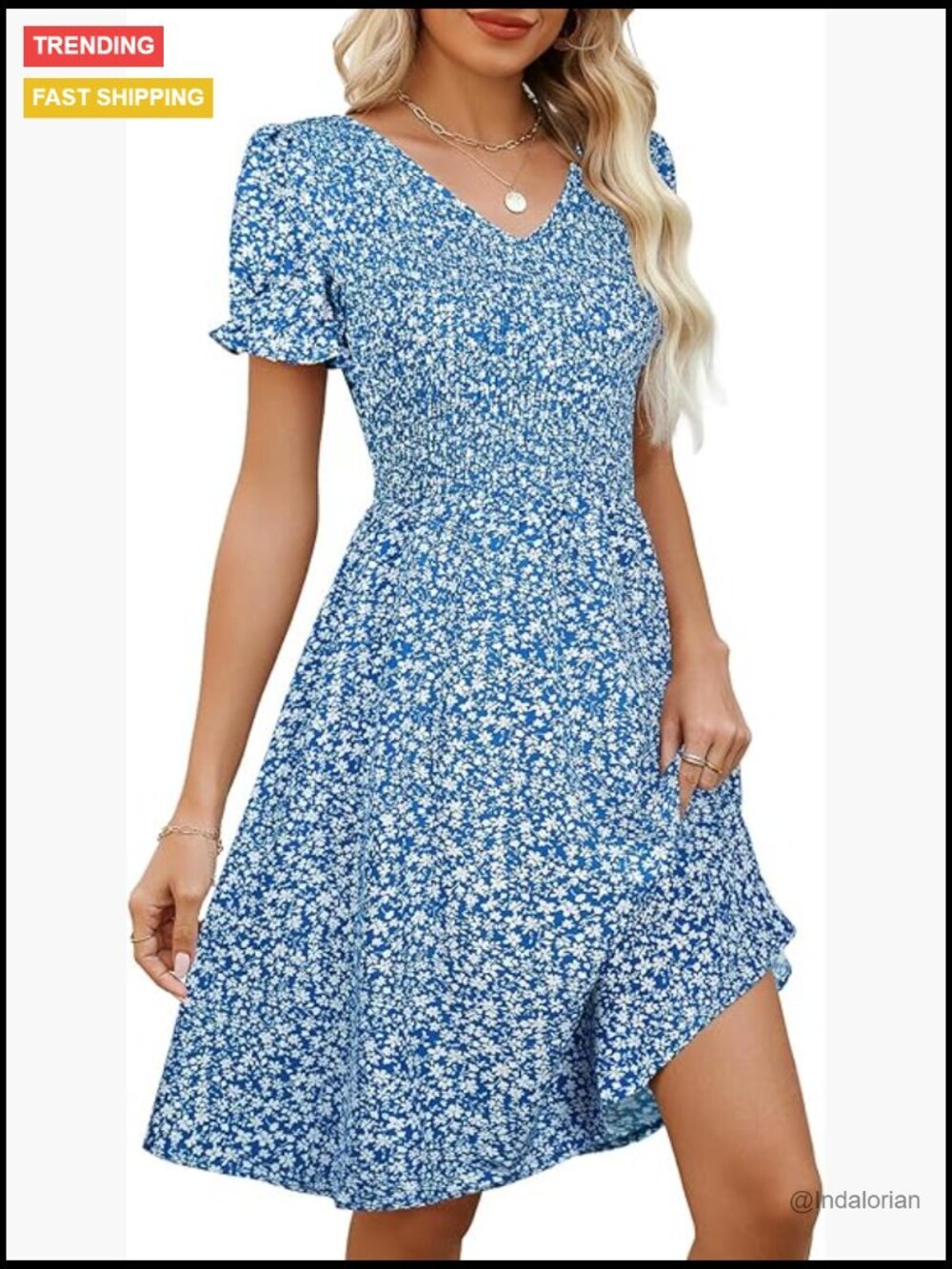 Viscose Elastane Smocked V-Neck Casual Summer Dress with Pockets